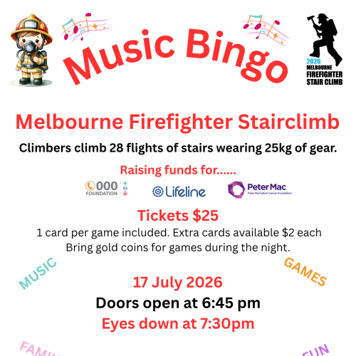 Melbourne Firefighter Stair Climb 2026 Music Bingo Fundraiser